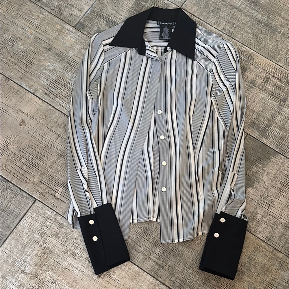 bebe silk Striped Black and White Women’s Shirt